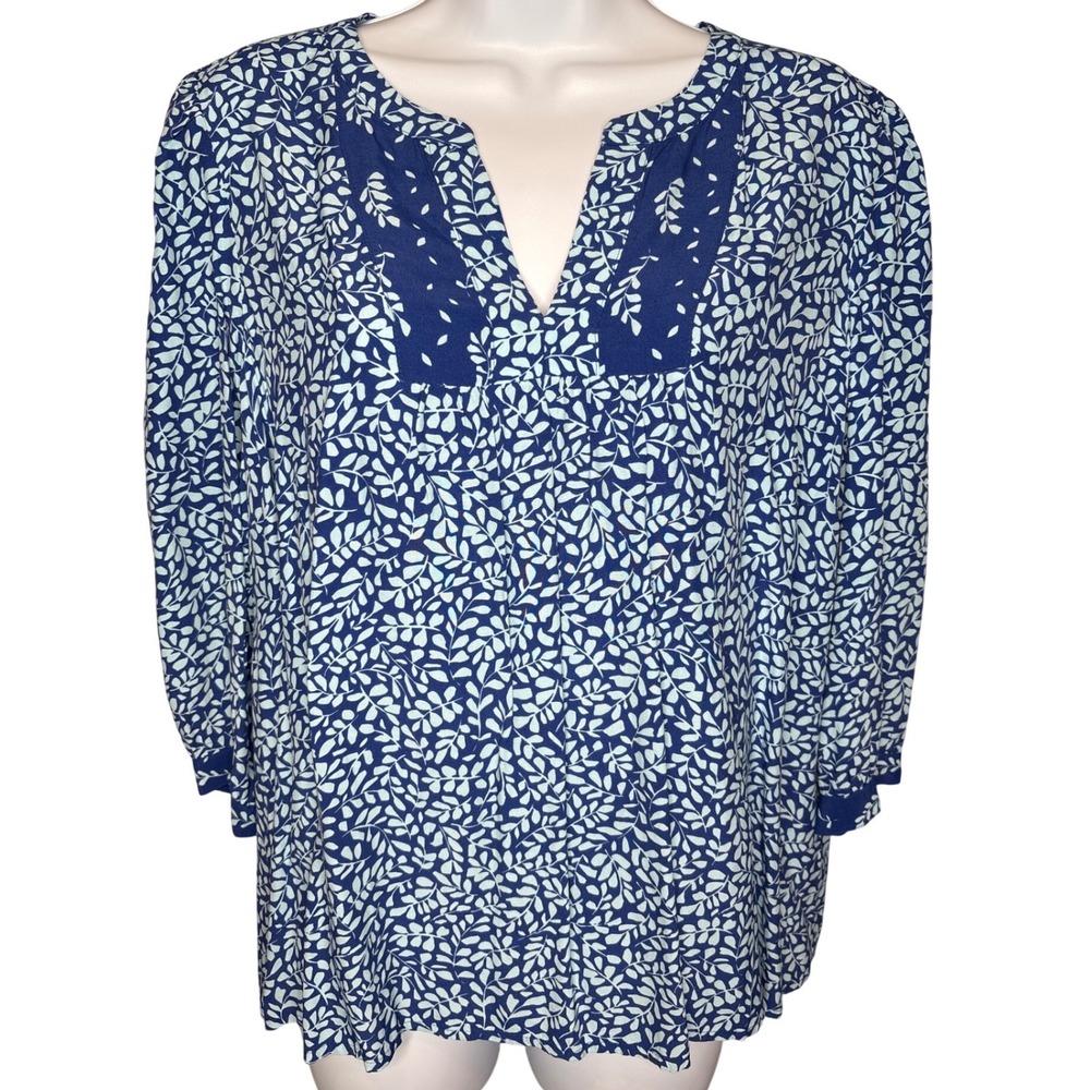 J. Jill Women Blue Leaf Print Tunic Top‎ Sz SP Coastal Boho Casual Sophisticated